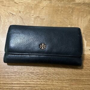 Tory Burch Black Leather Wallet with Gold Logo
